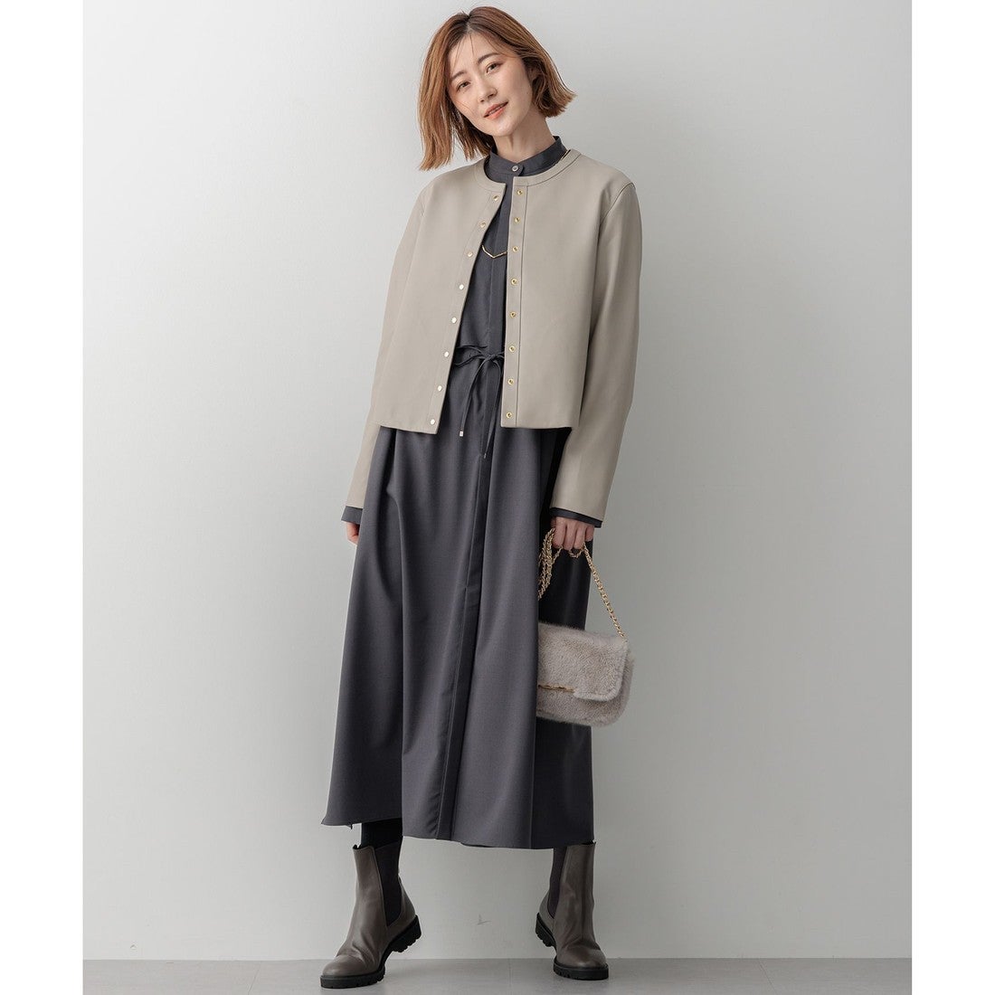 23区（大きいサイズ） ラムレザー ノーカラージャケット （トープ系