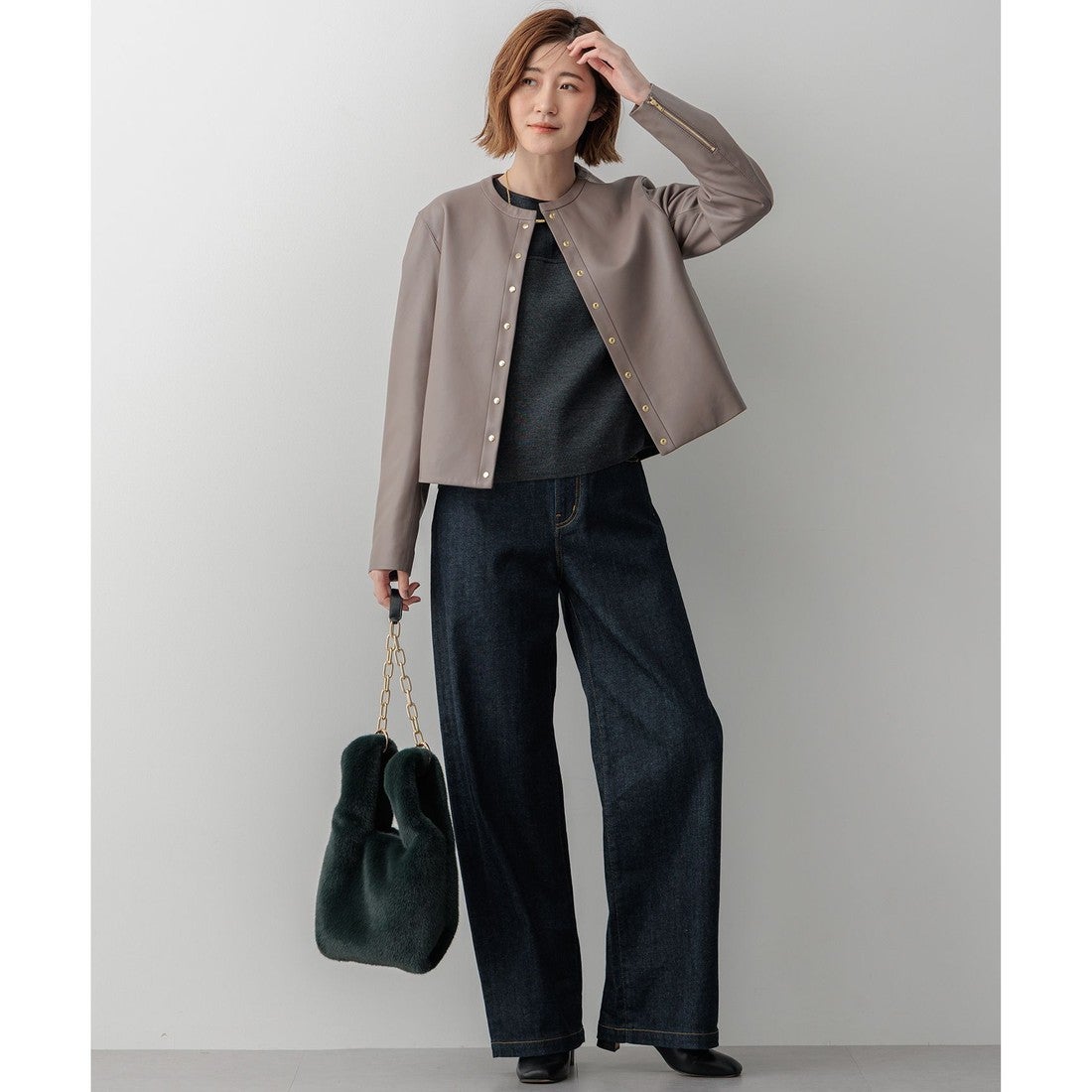 23区（大きいサイズ） ラムレザー ノーカラージャケット （トープ系