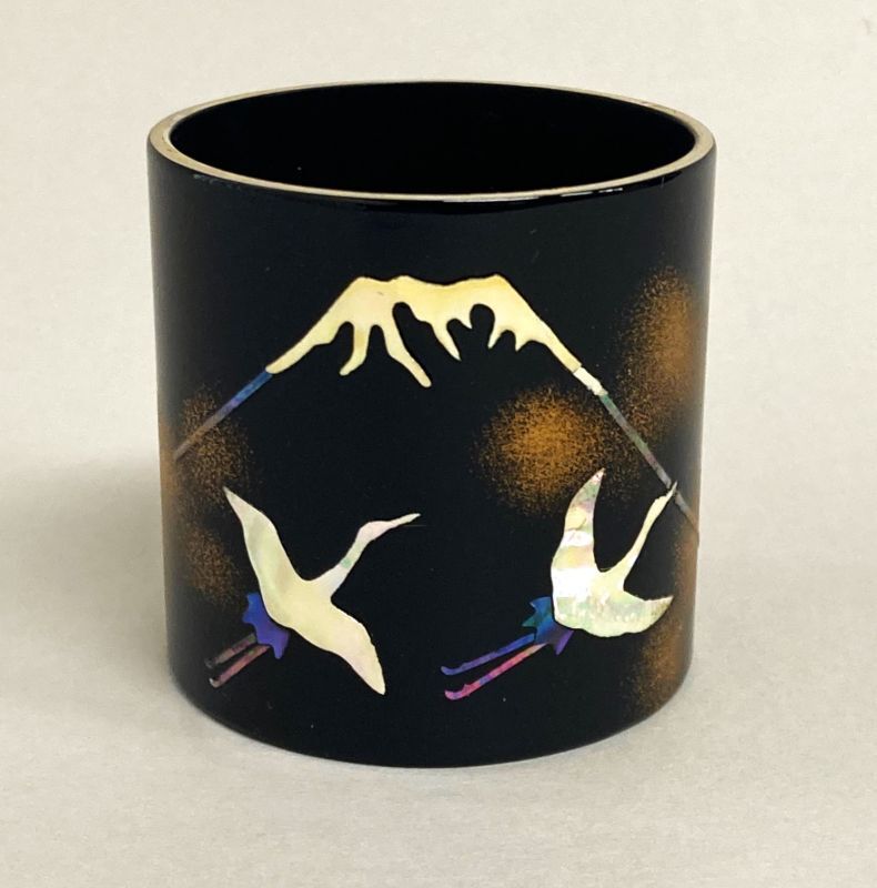 茶道具】唐銅 螺鈿貼り 富士に鶴図 蓋置 *金谷宗林*