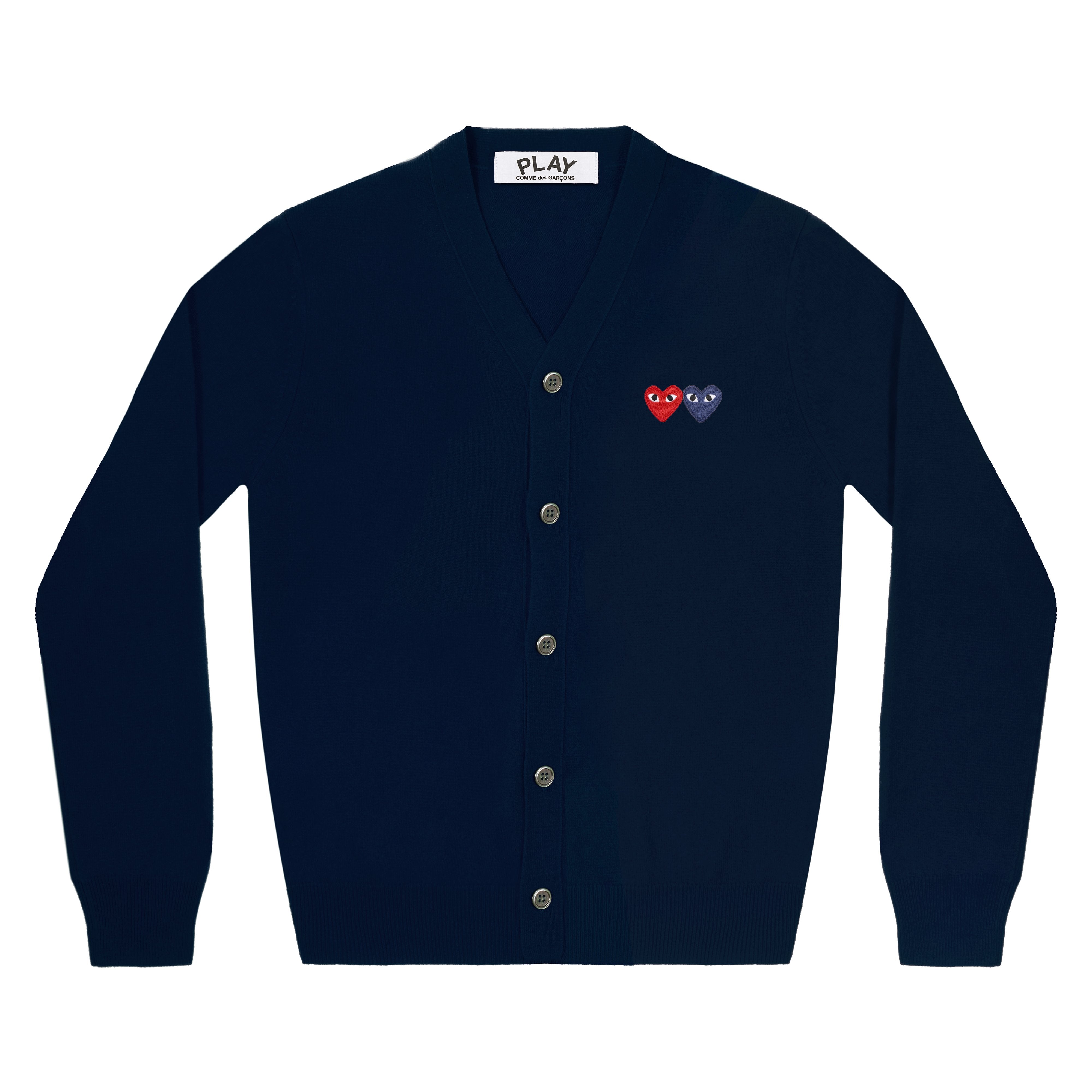 PLAY COMME des GARÇONS: DOUBLE HEART MEN'S CARDIGAN (NAVY) | DSMG