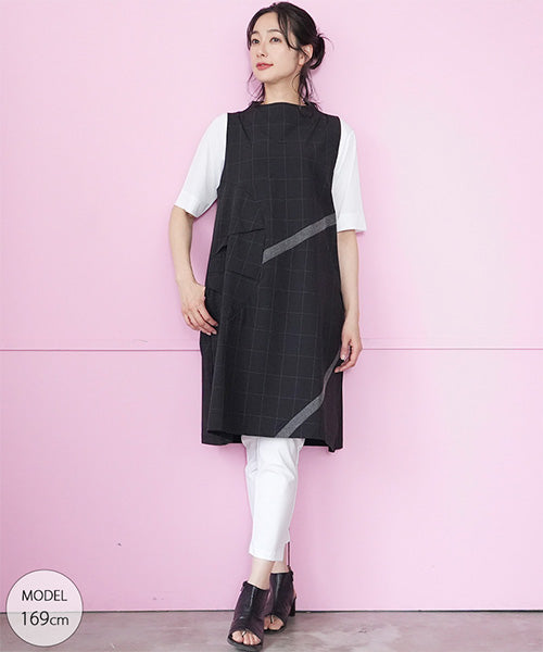 チェック柄異素材切替ノースリーブチュニック 36-1815｜40代 50代 60代