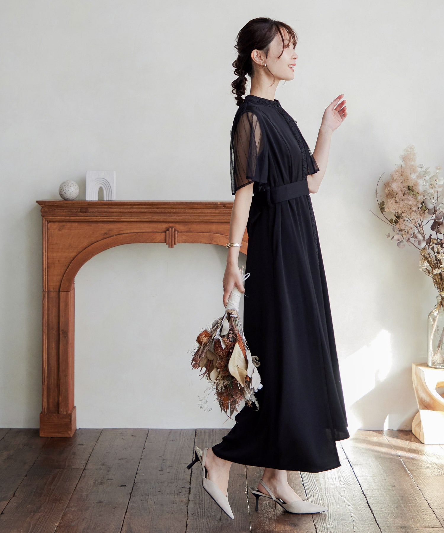 プリーツスリーブジャガード切り替えワンピースドレス｜パーティー