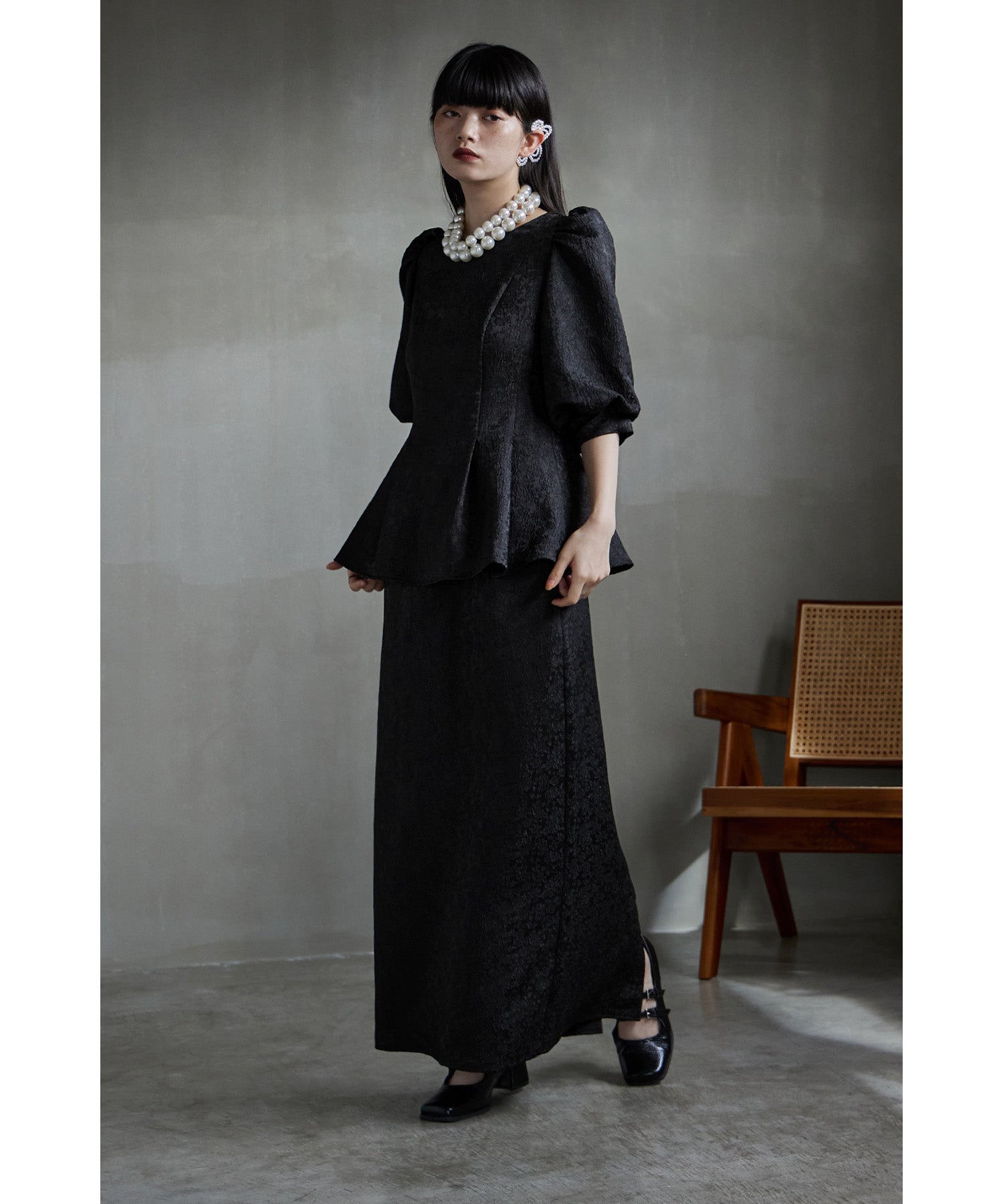 フラワージャガードセットアップドレスペプラムブラウス&Iライン