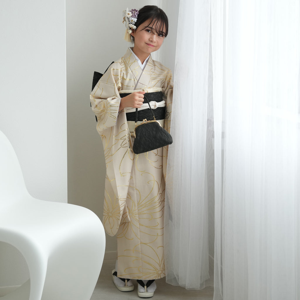 10歳 振袖セット】販売品 ベージュ金彩・糸菊 ハーフ成人式 ジュニア