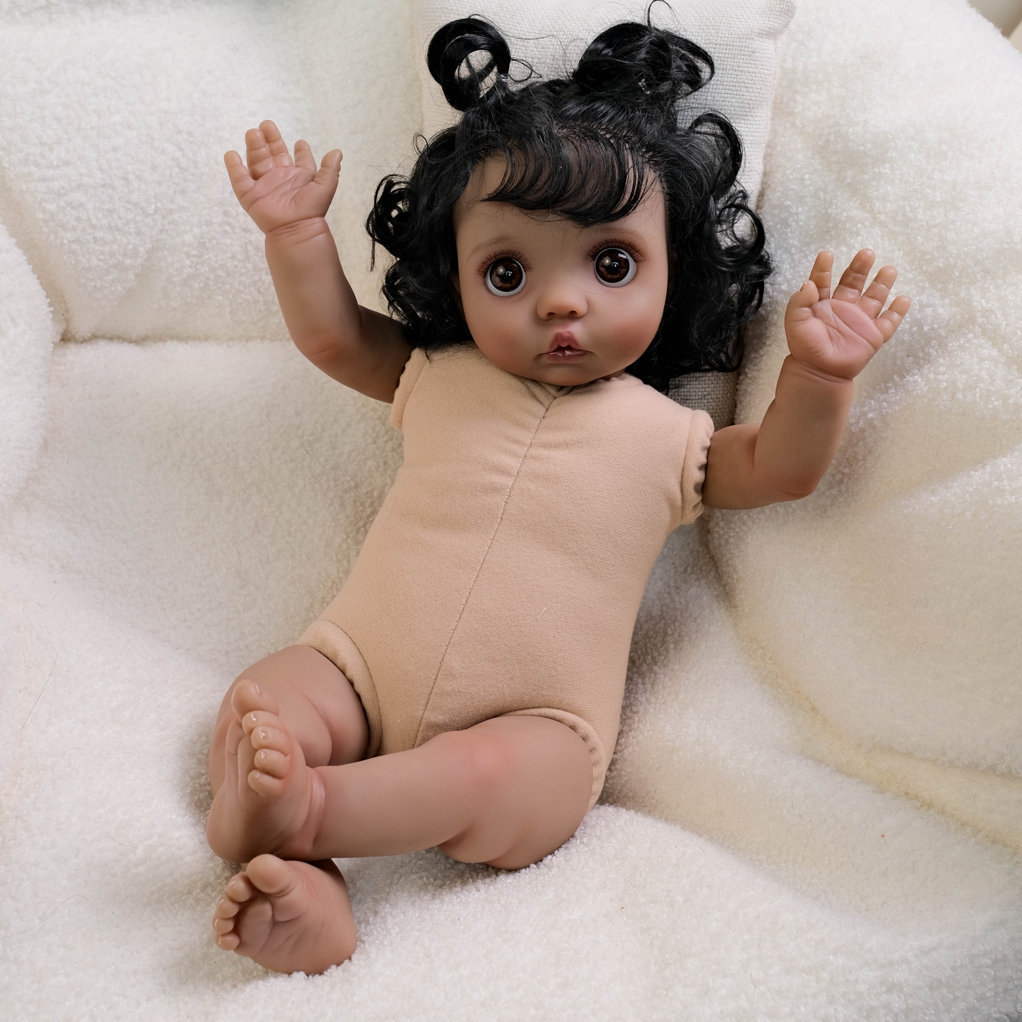 16 Inch Dark Skin Cloth Doll Peeka - Implanted Black Curls, Brown