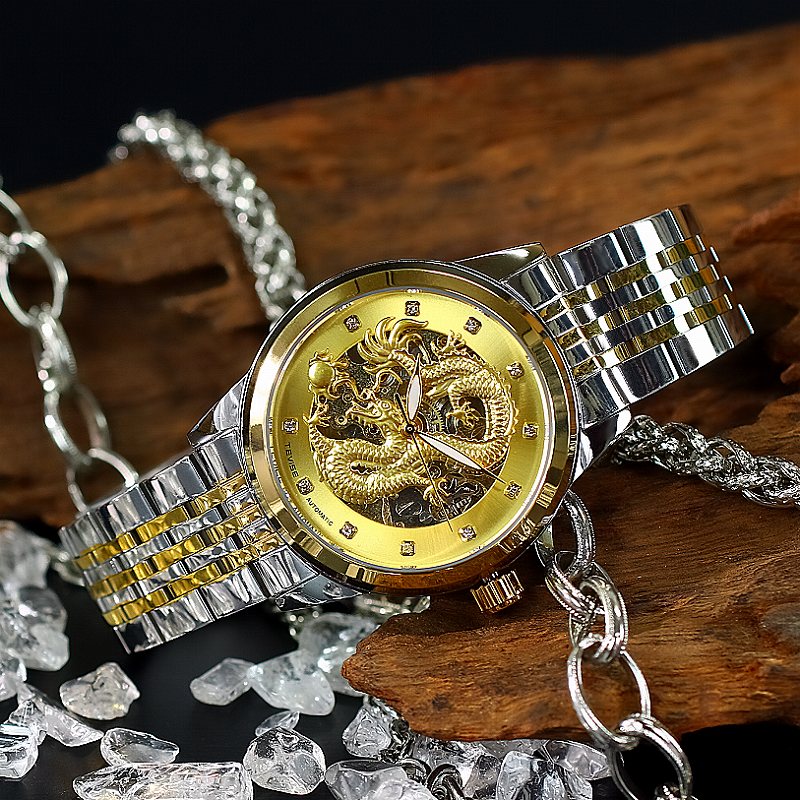 楽天市場】012 銀×金 龍神モチーフ 機械式 自動巻き 腕時計 メンズ