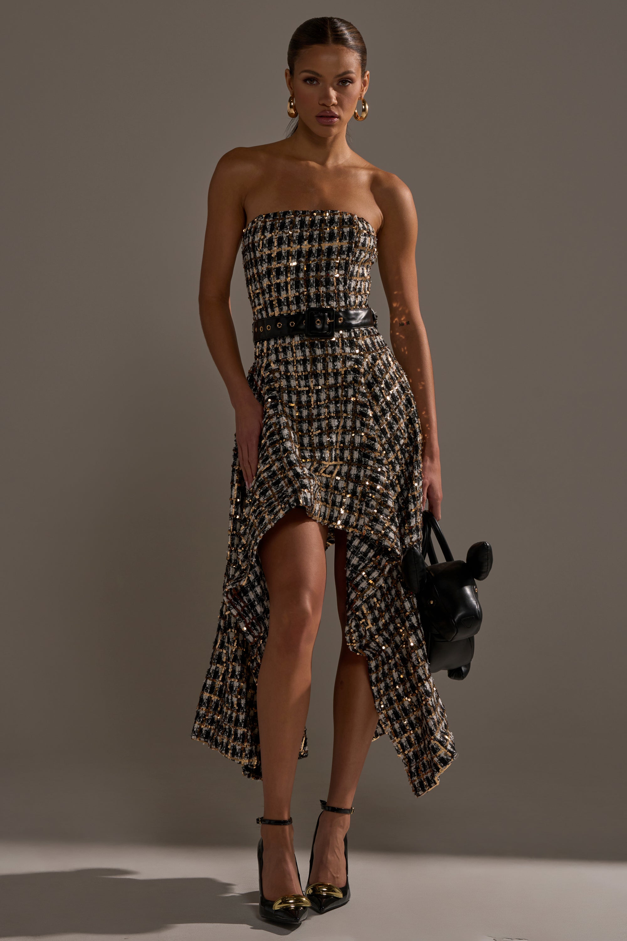 PURE ROYALTY BROCADE HIGH LOW TWEED DRESS WITH SEQUINS – AKIRA