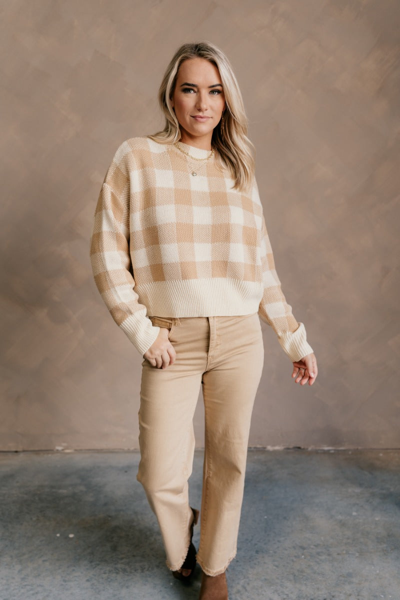Tan Checkered Knit Sweater – Cropped High Neck Knit - Lizard Thicket