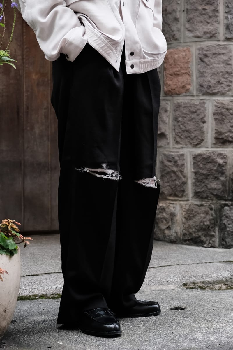 ANCELLM - DAMAGE WOOL 2TUCK SLACKS / BLACK