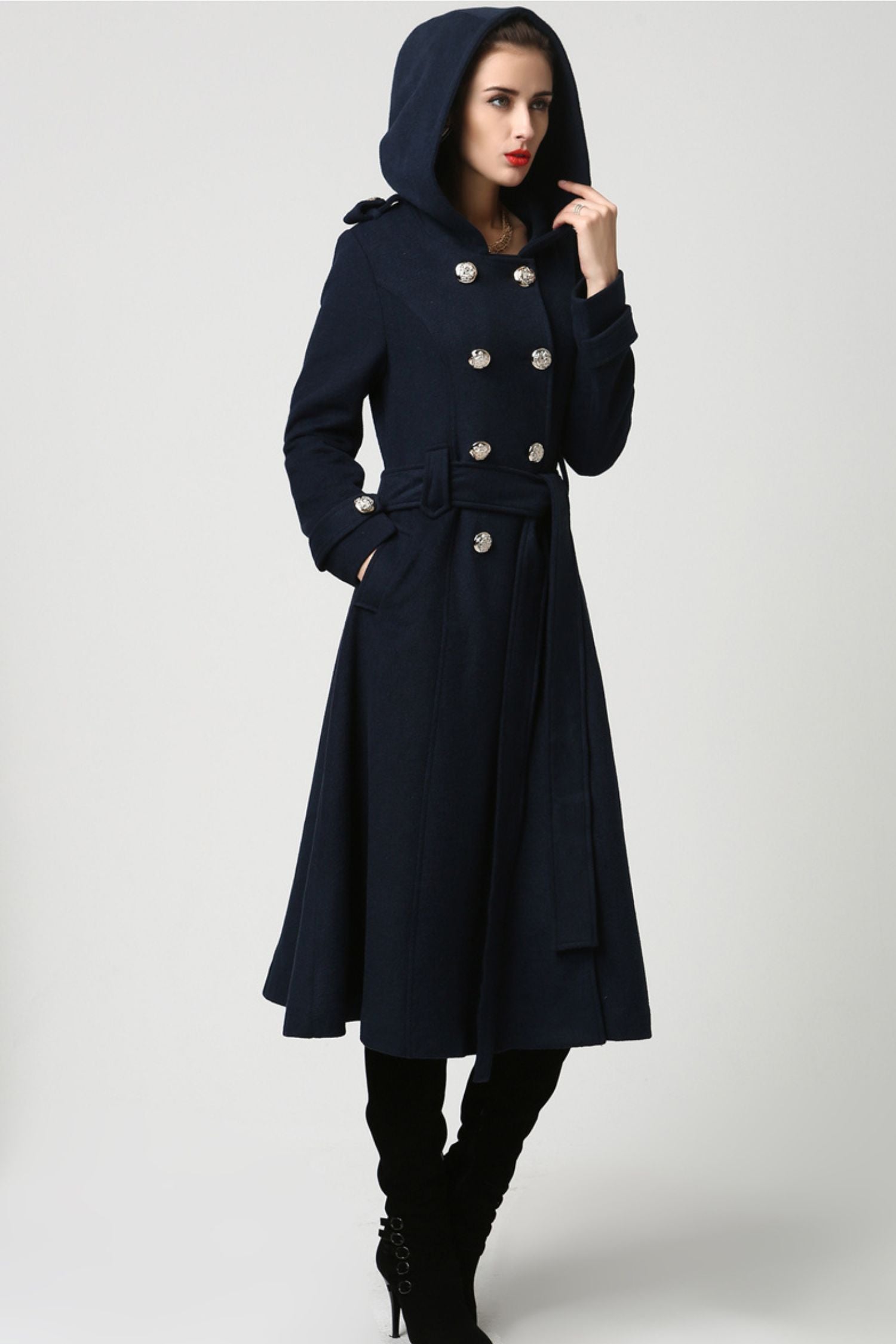 Long Wool Coat with Hood – Double Breasted Navy Blue Winter Coat