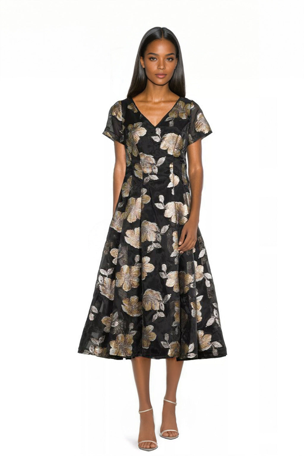 Buy Online V-Neck Floral Jacquard and Organza Fit & Flare Midi