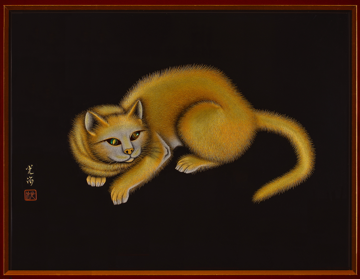 漆絵 猫（沈金・板谷光治 作） | 漆芸しばた