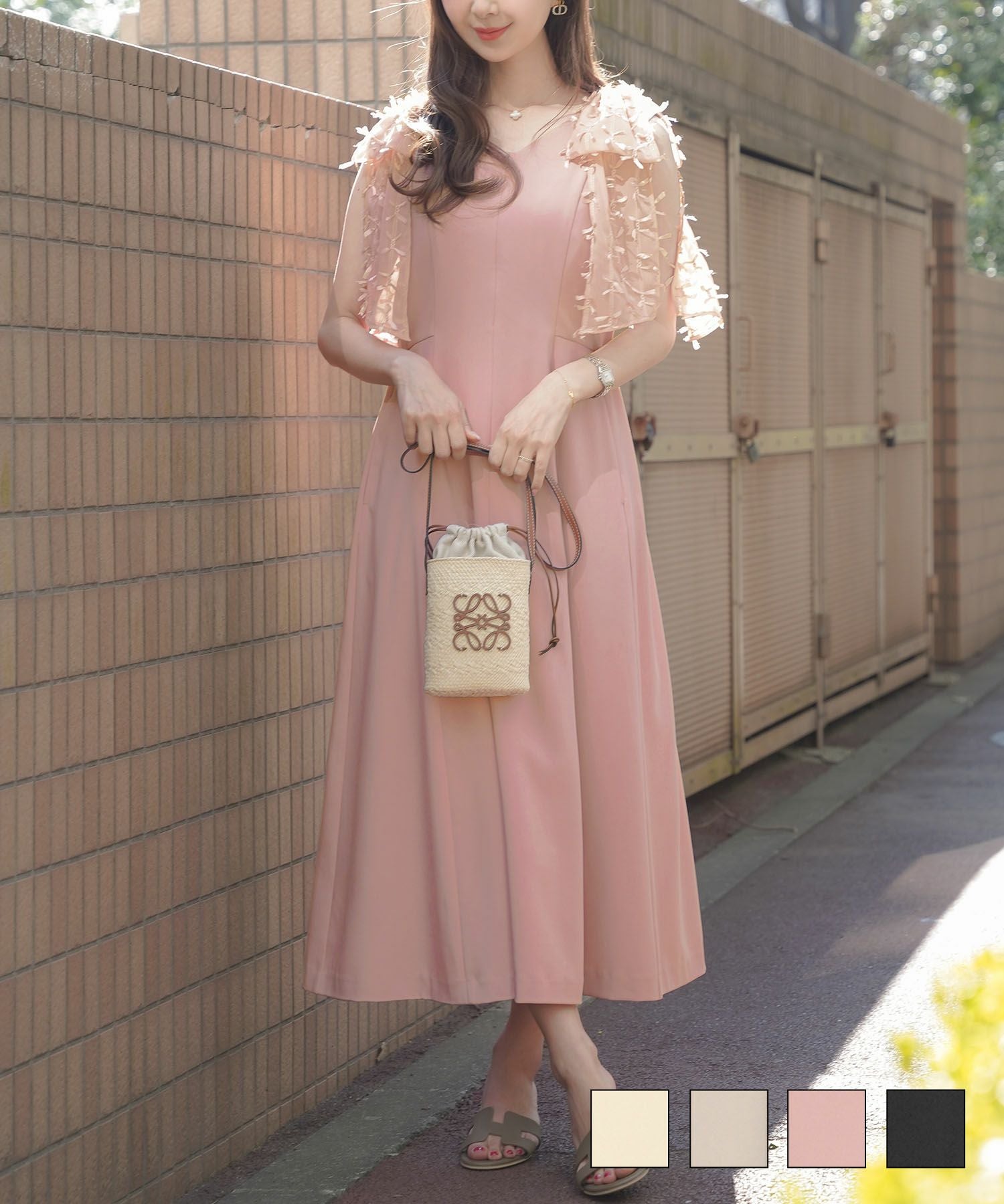 肩リボン ノースリーブ ファスナー ワンピース le reve vaniller 全4色