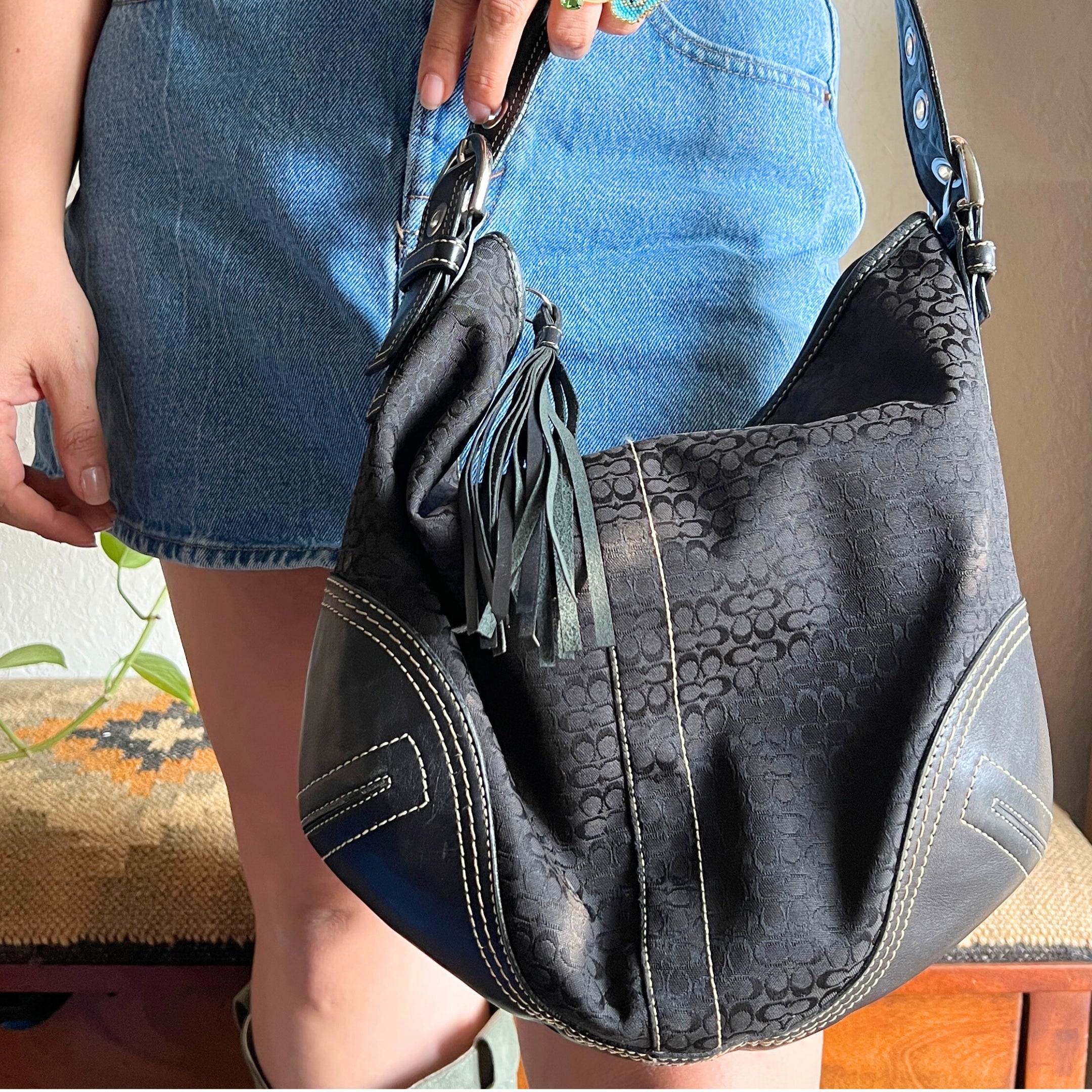 Vintage Coach Signature Hobo Slouch Y2k Shoulder Bag Black 2158