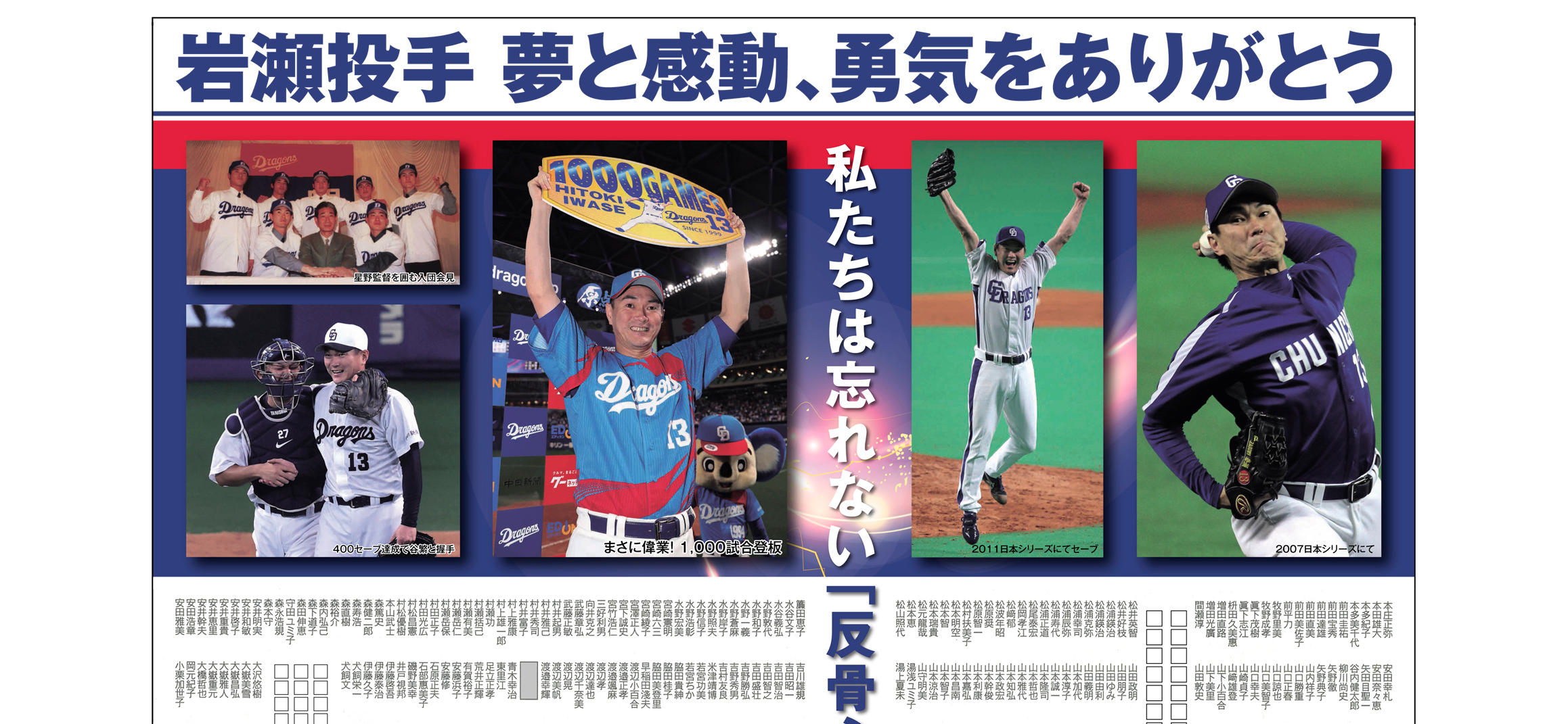 岩瀬投手にありがとうの感謝をこめて―中日スポーツ岩瀬投手引退記念