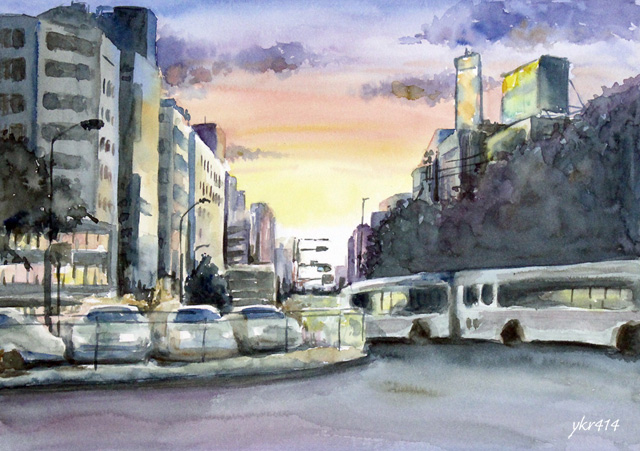 夕暮れ」という水彩画を描きました 懐かしい雰囲気の夕焼けを描いた絵