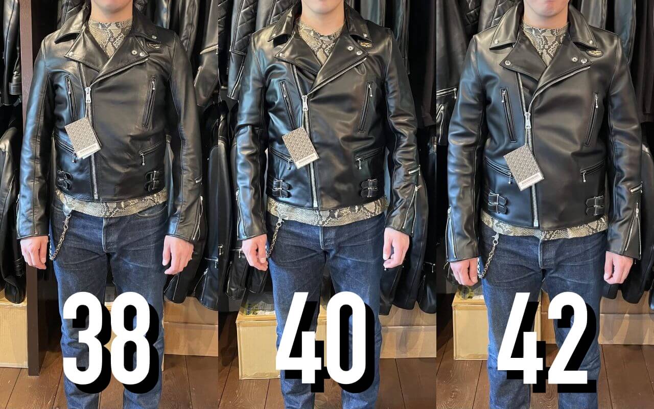 ルイスレザーのサイズ選びは肩幅と胸囲を基準に！試着画像とサイズ表で