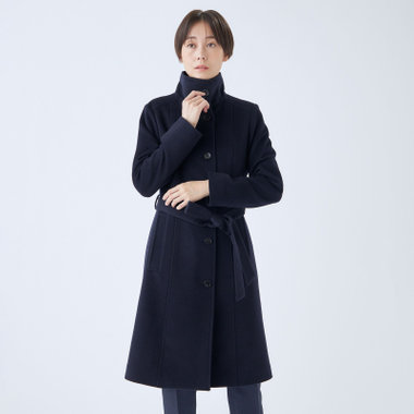 SL】カシミヤブレンドスタンドカラーベルテッドコート/ネイビー