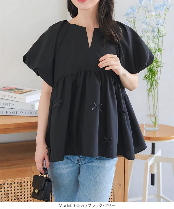 リボンモチーフペプラムブラウス [C7155] - レディースファッション