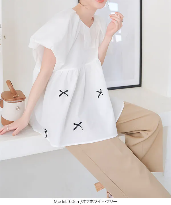 リボンモチーフペプラムブラウス [C7155] - レディースファッション