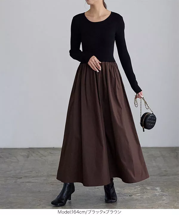 異素材ドッキングワンピース [E3188] - レディースファッション通販