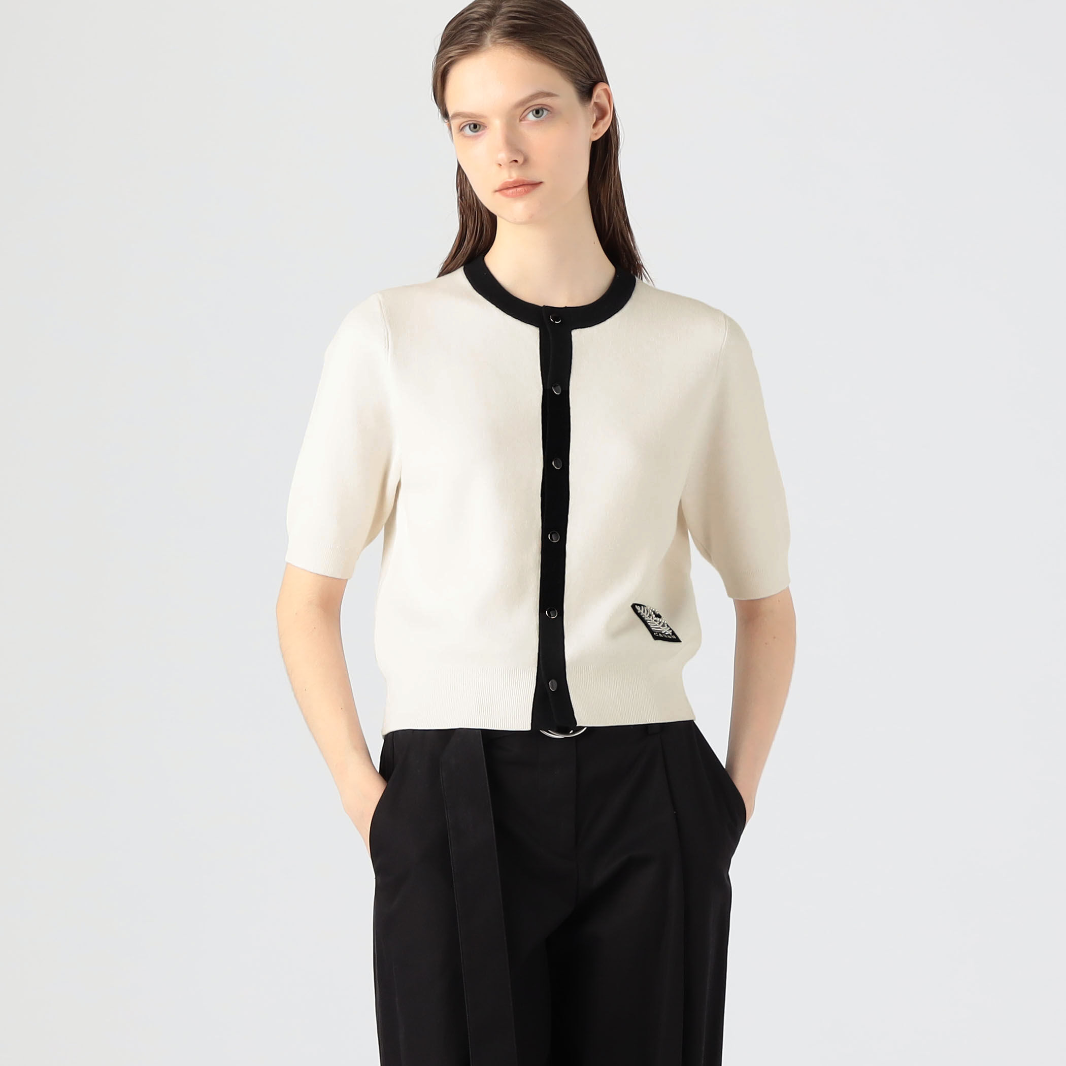 コットンカシミヤ バイカラーハーフスリーブカーディガン