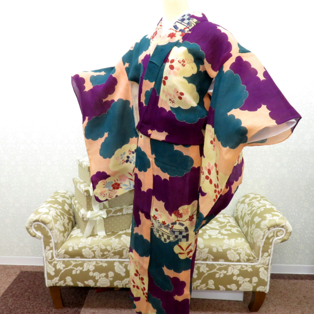 □E4912□アンティーク□正絹錦紗□躑躅色 袷 着物□丈132.5 裄62