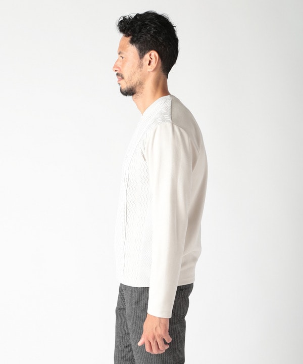 ニット×フェイクスエードVネックカットソー｜メンズファッション