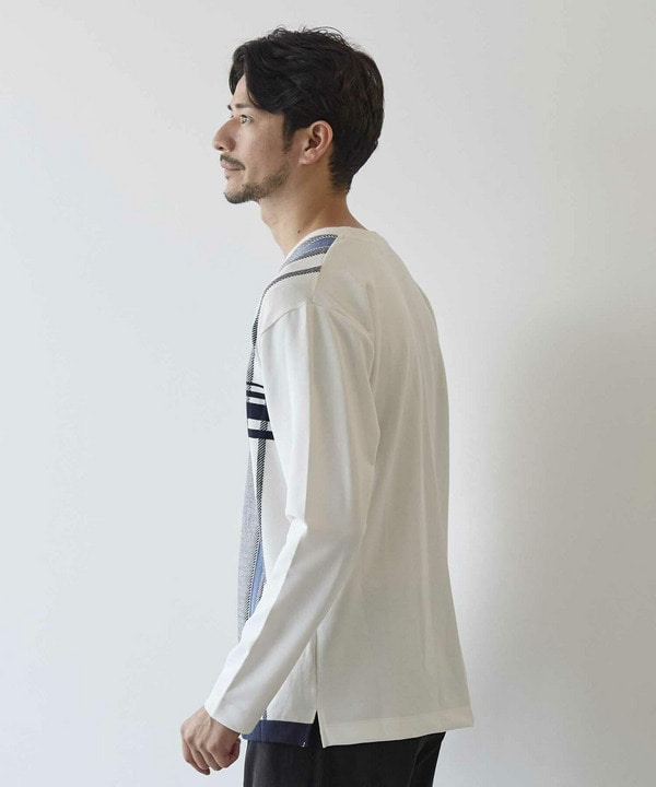 ニット×ポンチ パネル切り替え クルーネックロンT｜メンズ
