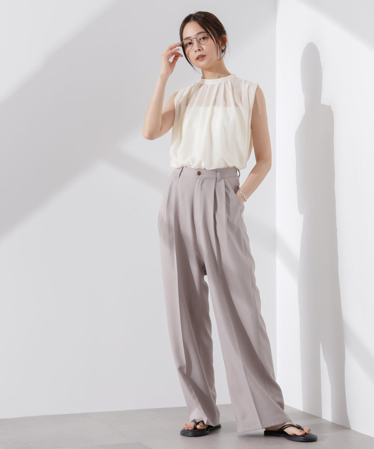 シアー ジョーゼット ギャザー ノースリーブ ブラウス