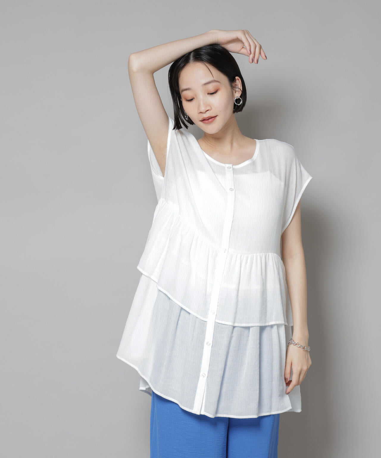 前後 2way シアー 楊柳 ノースリーブ ティアード ブラウス