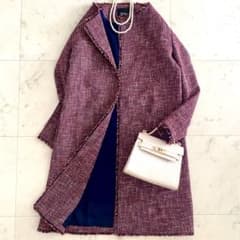 極美品 セオリー ノーカラーMIXカラーツイードコート レッド×ネイビー