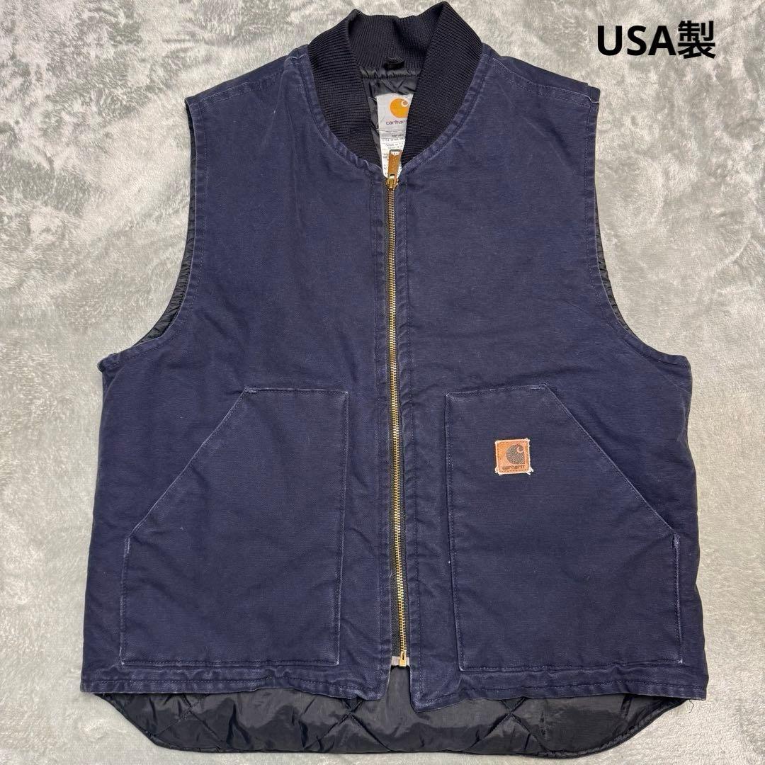 USA製 carhartt ダックベスト V02 MDT ネイビー 00s L carhartt(カーハート) 00's DUCK VEST V02 MDT ダック地 中綿 ベスト S