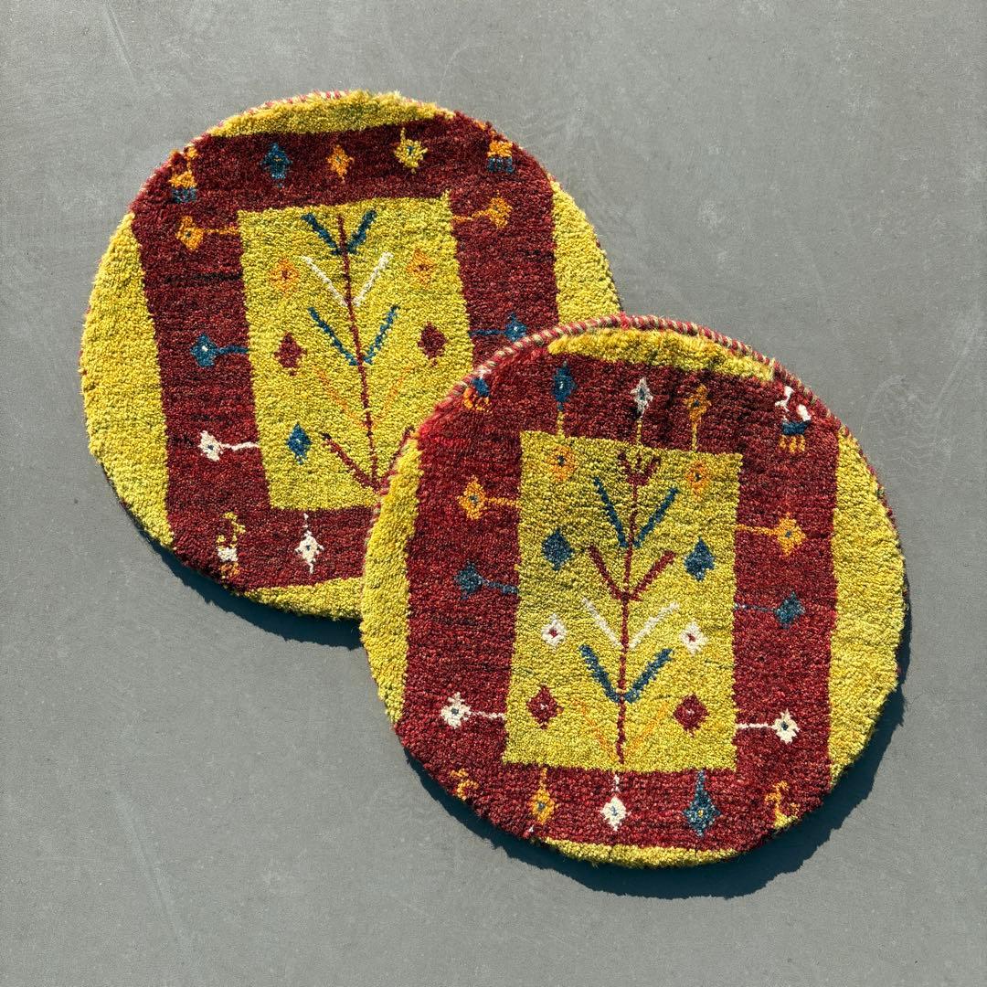 【レア】　イラン　ペルシャ　ギャッベ　丸　円形　座布団　手織り　ペア　グリーン レア】 イラン ペルシャ ギャッベ 丸 円形 座布団 手織り ペア