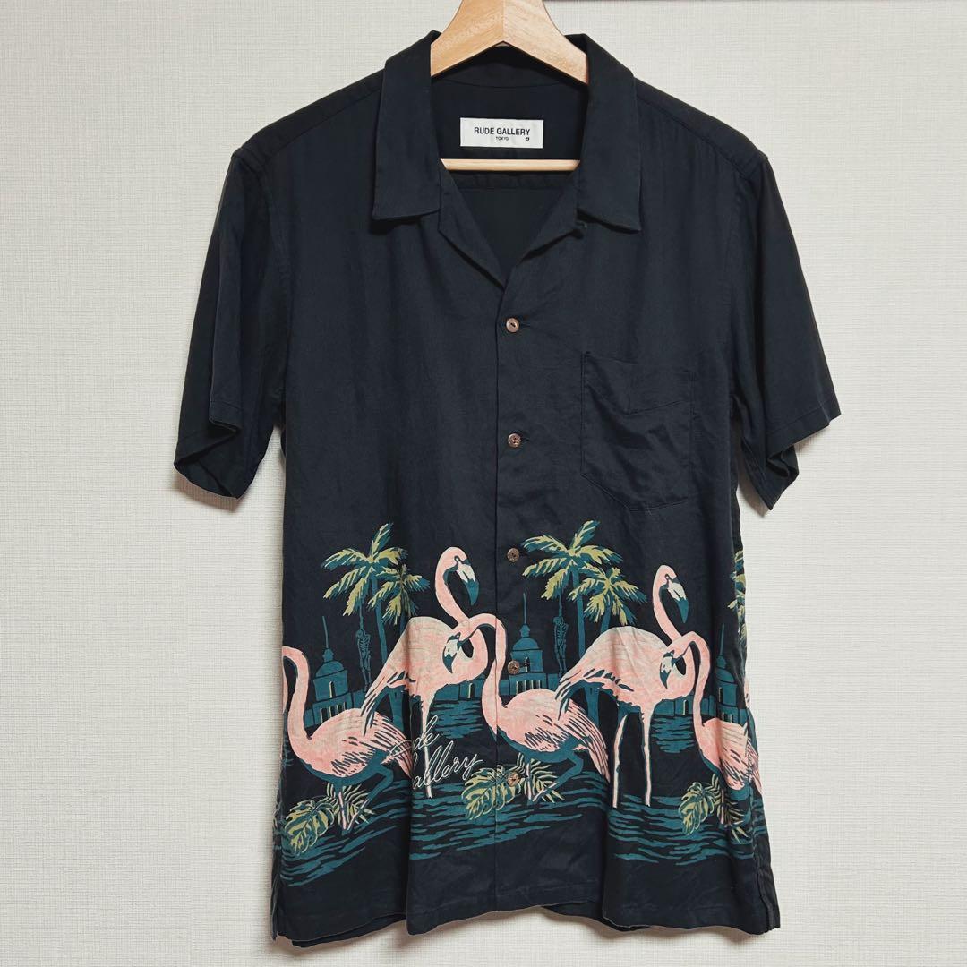 【名作】RUDE GALLERY アロハシャツ黒 フラミンゴ サイズ4 レーヨン 名作 ルードギャラリー フラミンゴ アロハ シャツ M ブラック レーヨン