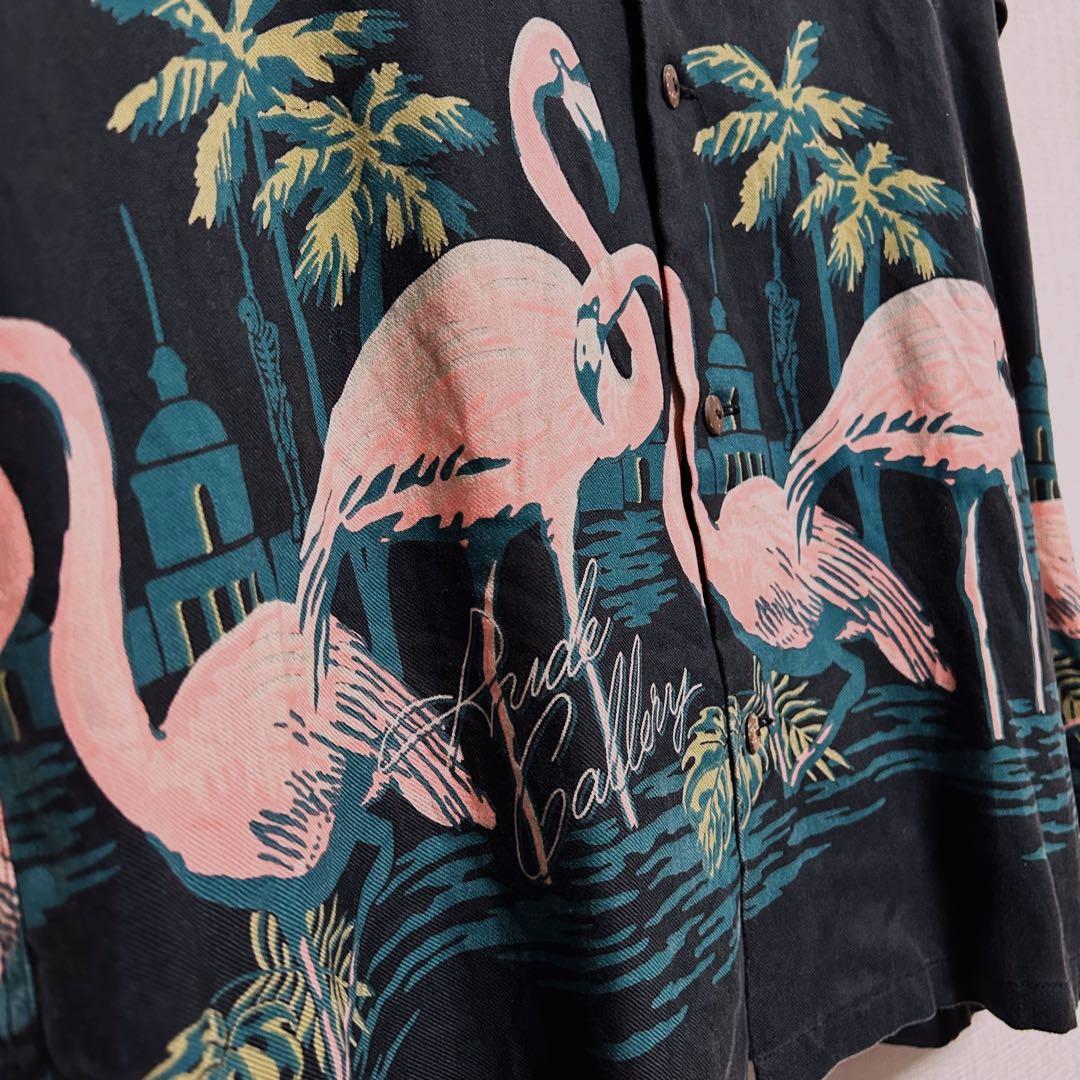 名作】RUDE GALLERY アロハシャツ黒 フラミンゴ サイズ4 レーヨン