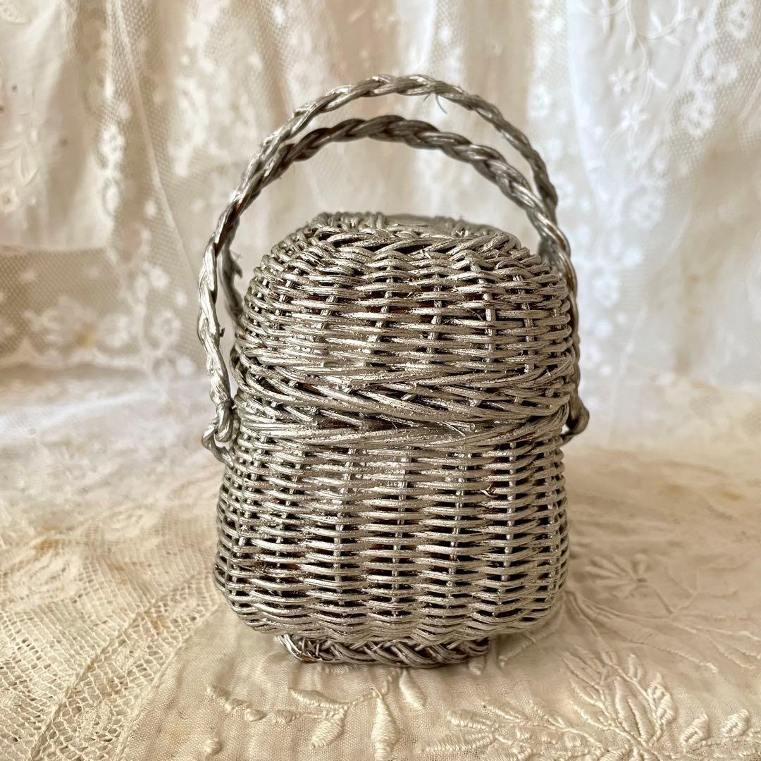 ドールパニエ 銀色 シルバーフランスアンティーク 人形用 ミニカゴ 籠 かご