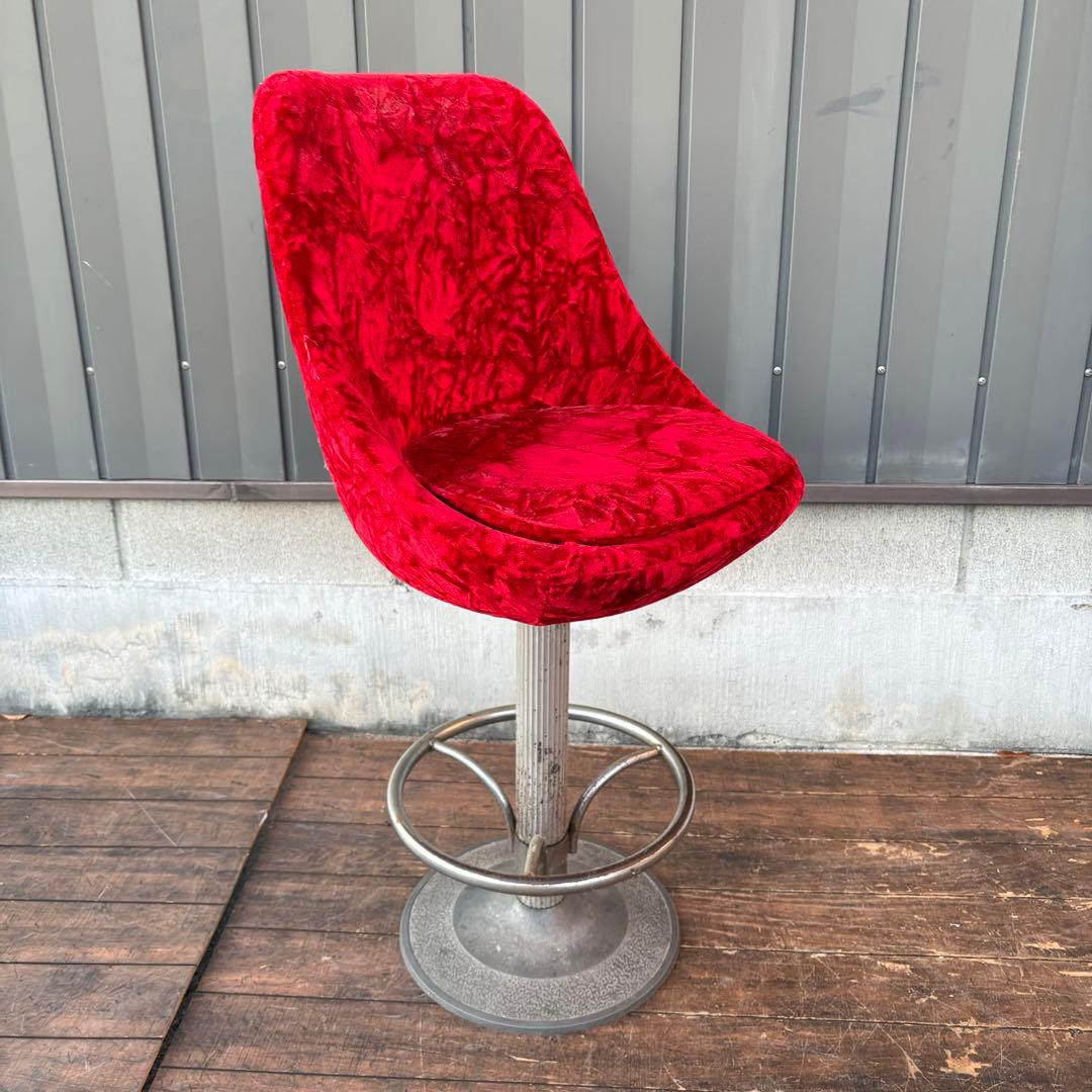 ①昭和レトロ 回転式バーチェア ベロア 赤 ビンテージ スナック椅子