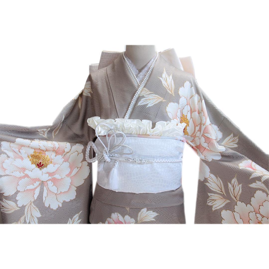 人気くすみ系□大輪の菊花・振袖6点セット丈175cm正絹トールサイズ