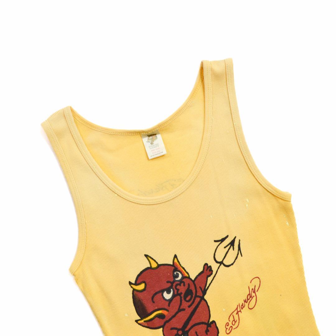 美品】ED HARDYエドハーディ ベイビーデビル ダメージドタンクトップ黄色