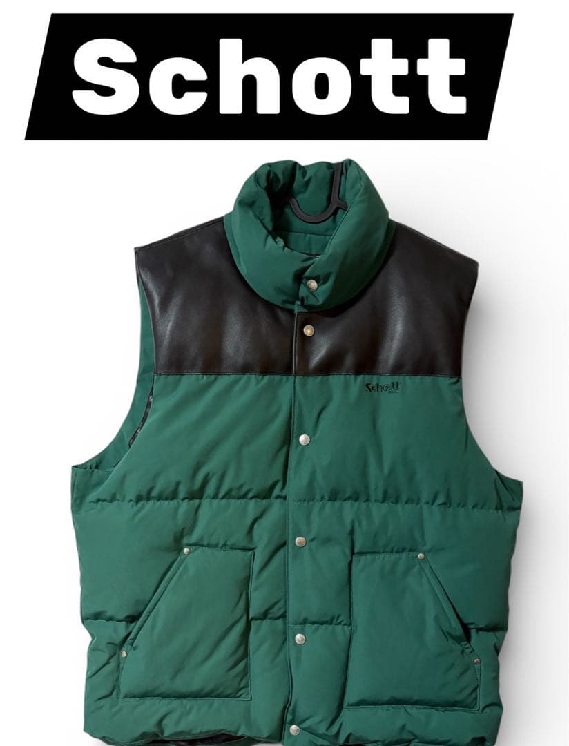 Schott グリーン・ブラック ダウンベスト 中古・古着通販】Schott (ショット) クラシックレザーコンビダウン