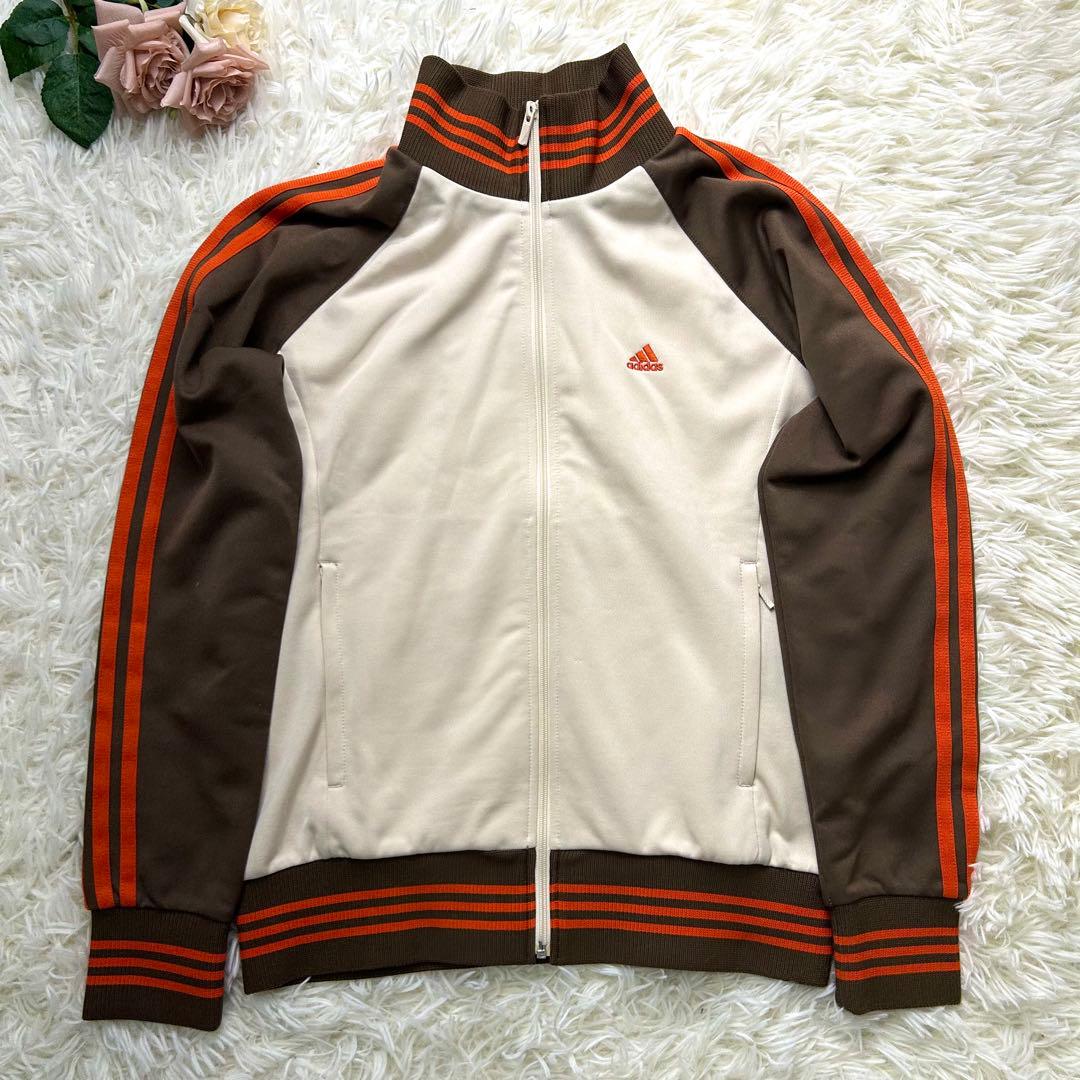 Y2K✨極美品✨アディダス トラックジャケット 刺繍ロゴ クリーム ブラウン L 新品 2XL 新品 adidasトラックジャケット 刺繍 ベージュ×モカブラウン