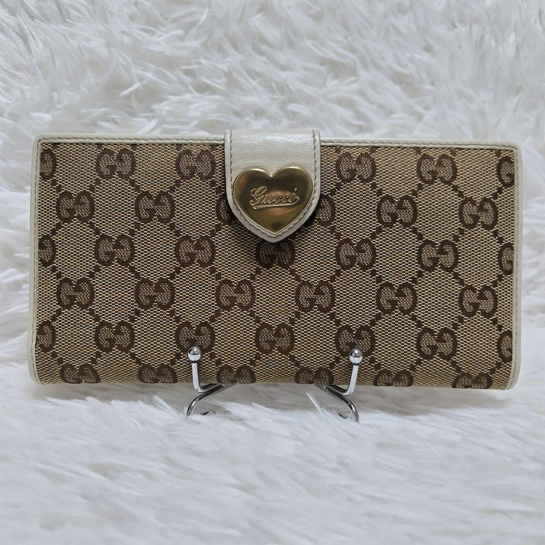 美品✨グッチ◇スウィングハートタブ二つ折り長財布 キャンバス白