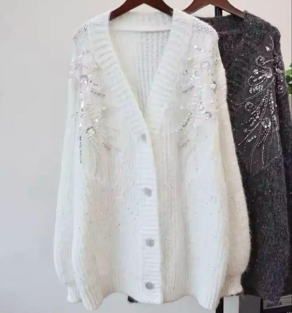 Andrea &co. ビジューエンブロイダリーカーデ ホワイト