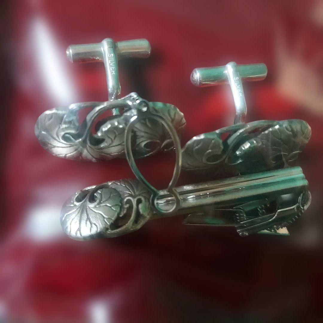 美品 銀製品 秋田 伝統工芸品 ネクタイピン カフスボタン 桐箱入り