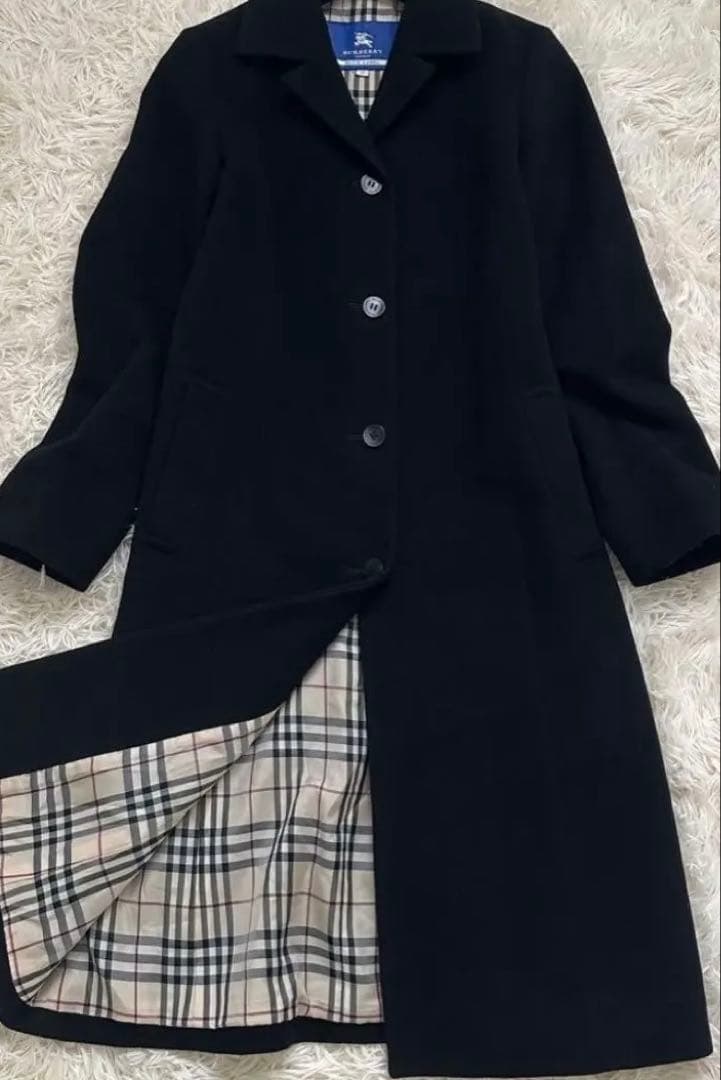 バーバリー カシミヤ混 ロング チェスターコート ノバチェック 黒 M