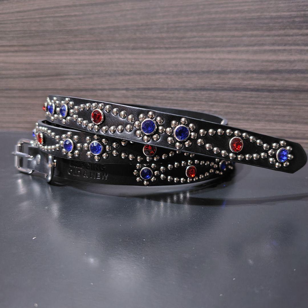 クロス赤青□本革レザーフルスタッズナローベルト☆ヴィンテージ