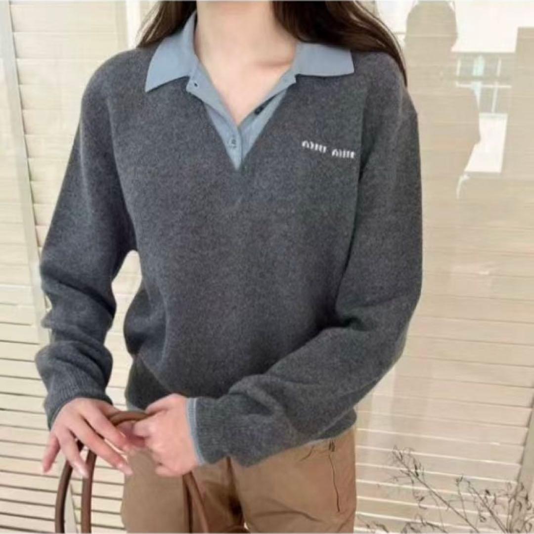 れむ様専用】miumiu ロゴ トップス ニット グレー レイヤード - メルカリ