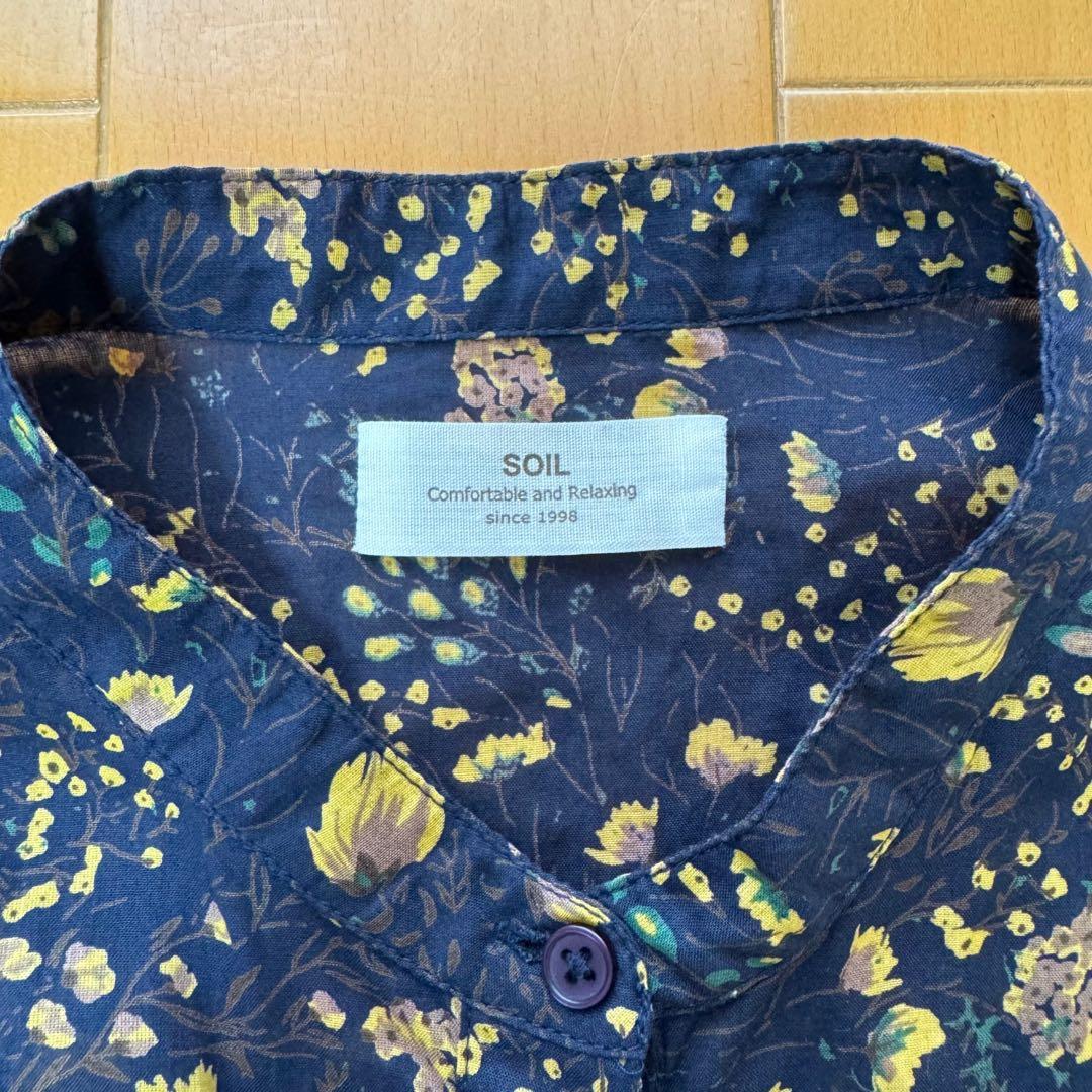 美品】SOIL ソイル 花柄 フレンチスリーブシャツ 綿100% ネイビー
