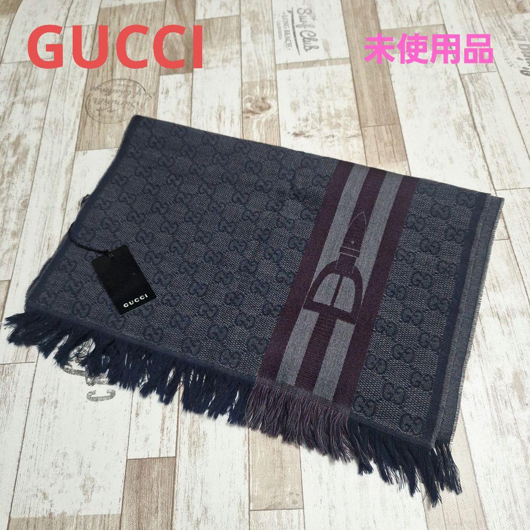 【未使用品】GUCCI マフラー ウール GG グレー ライン タグ付き GG GUCCI グッチ GG柄 ウールマフラー ストール グレー＜USED